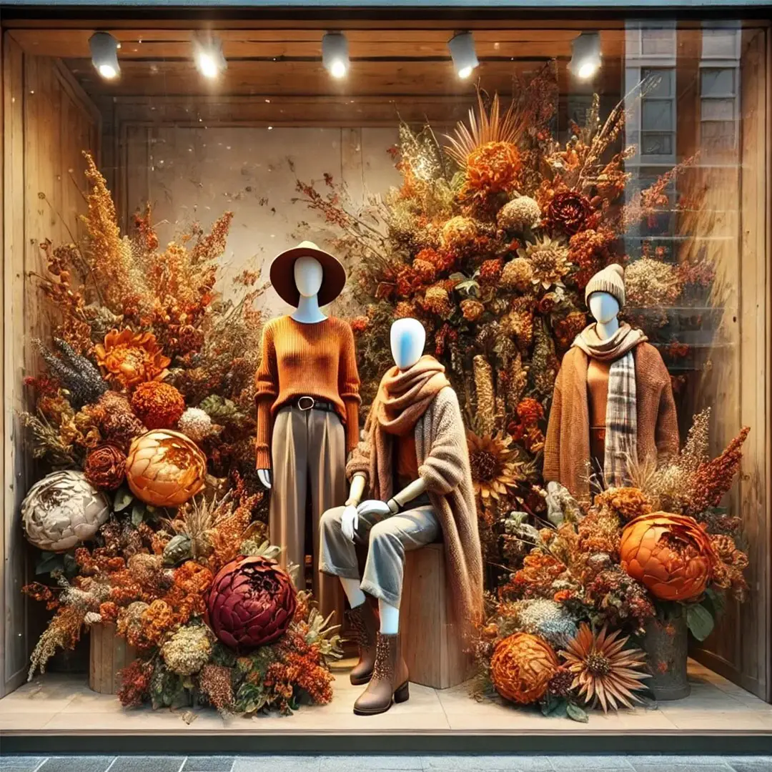 Ba mannequin khoác trang phục thu với các tông màu đất, đứng giữa không gian trưng bày phủ kín hoa khô, cúc đại và lá vàng đậm chất mùa thu.