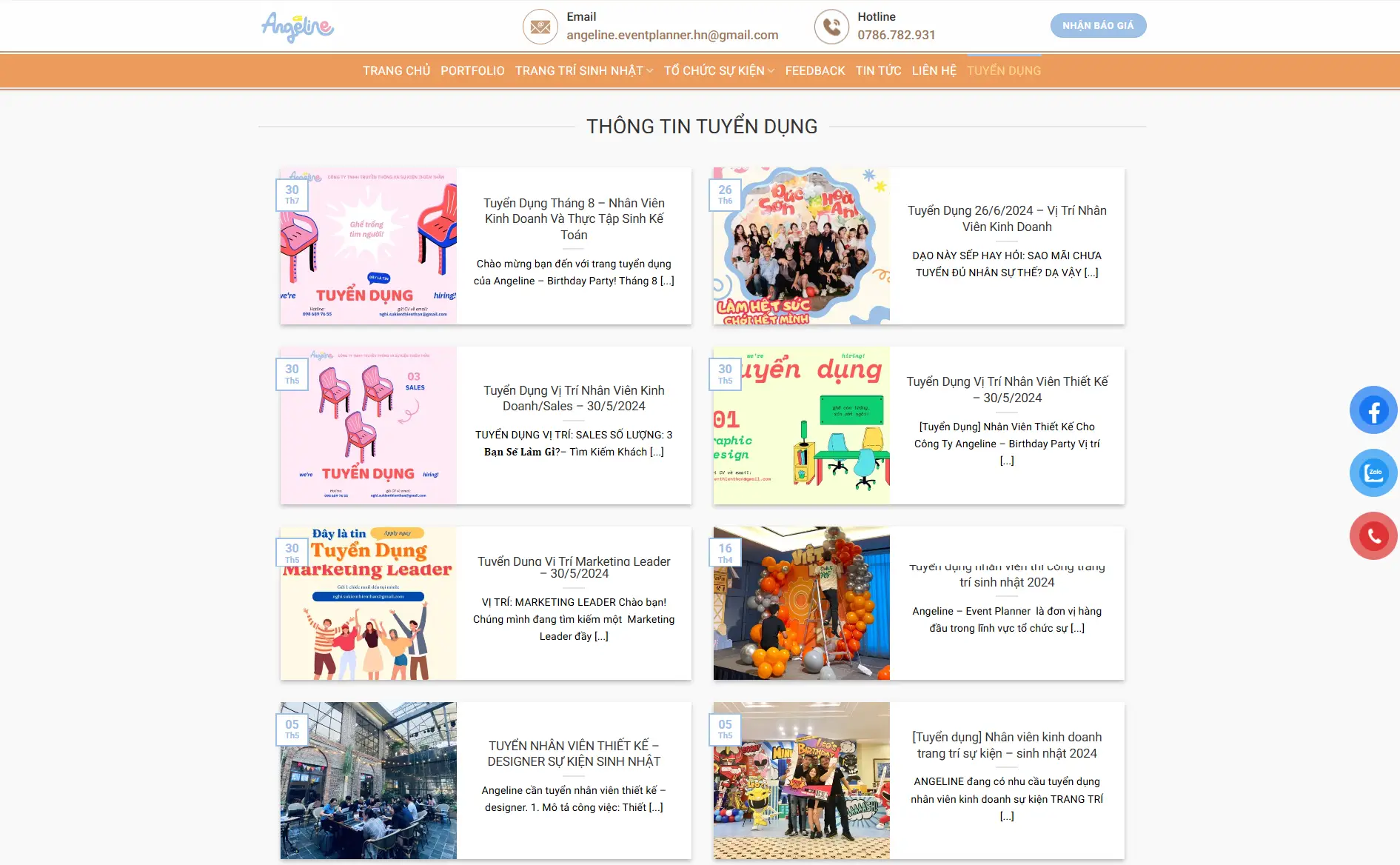 Giao diện trang tuyển dụng của Angeline – công ty tổ chức sự kiện tại Hà Nội