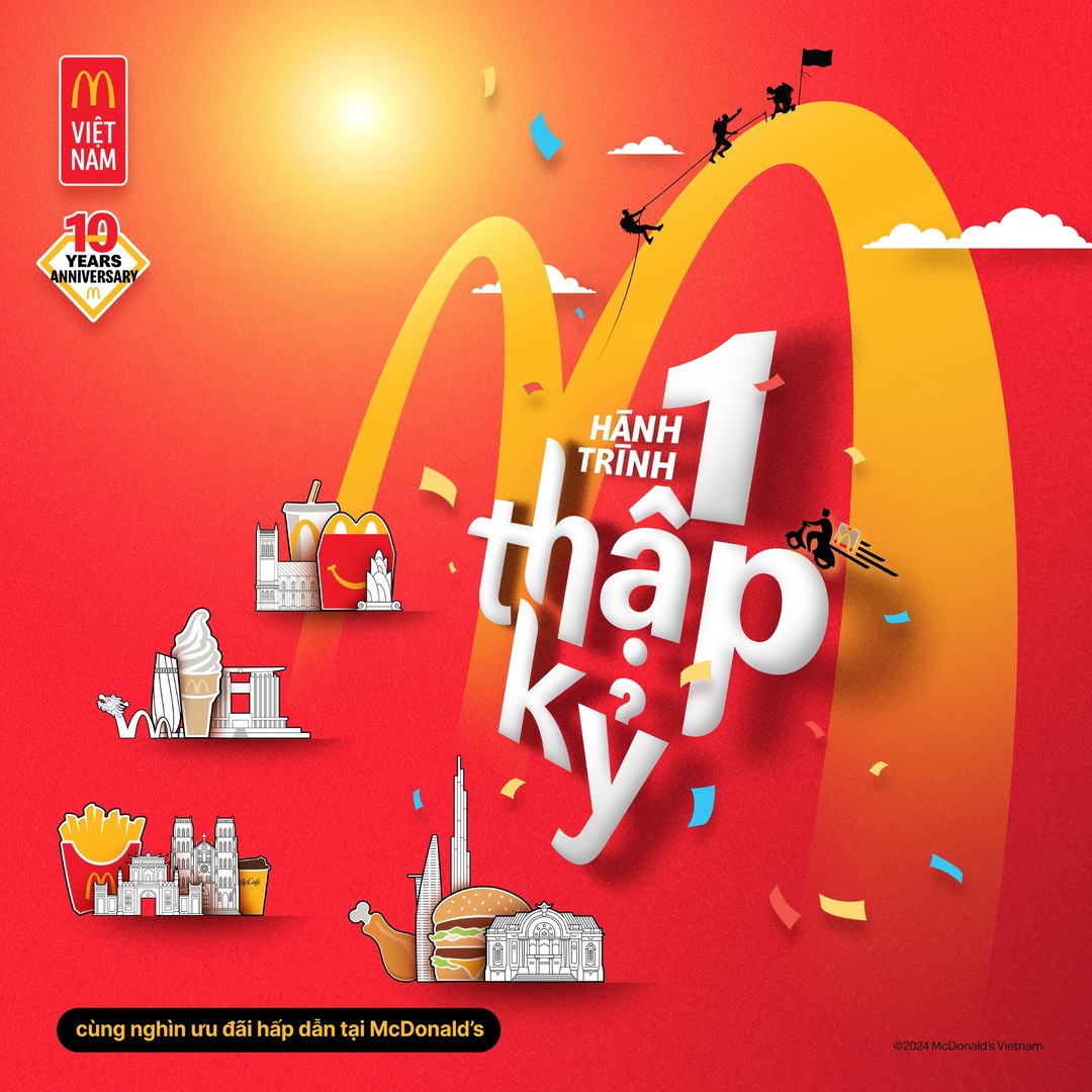 Màu đỏ và vàng thương hiệu McDonald’s trong chiến dịch kỷ niệm 10 năm tại Việt Nam