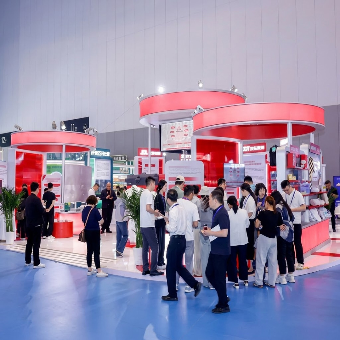 Mẫu gian hàng island booth với không gian mở nhiều mặt